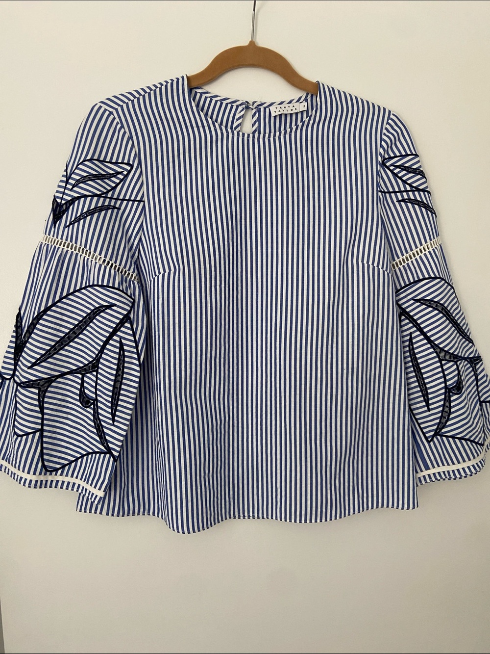NWOT Tanya Taylor Striped Blue & White Embroidered Sleeve Top - Picture 1 of 11